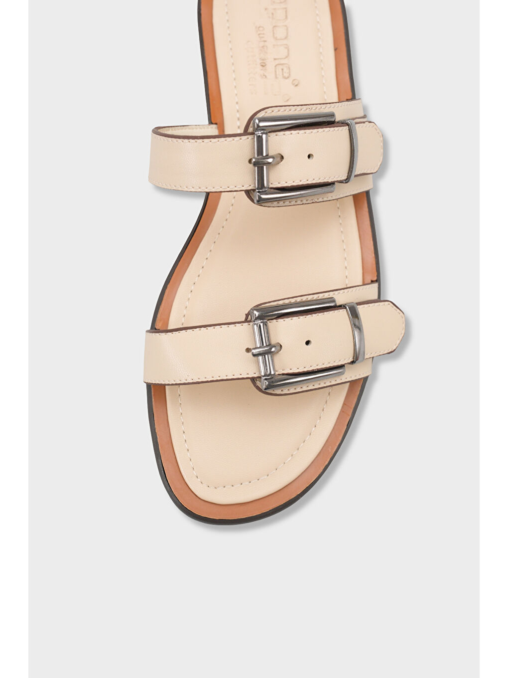 Bej Madalyn Çift Tokalı Düz Topuklu Kadın Terlik Kadın Terlik-2