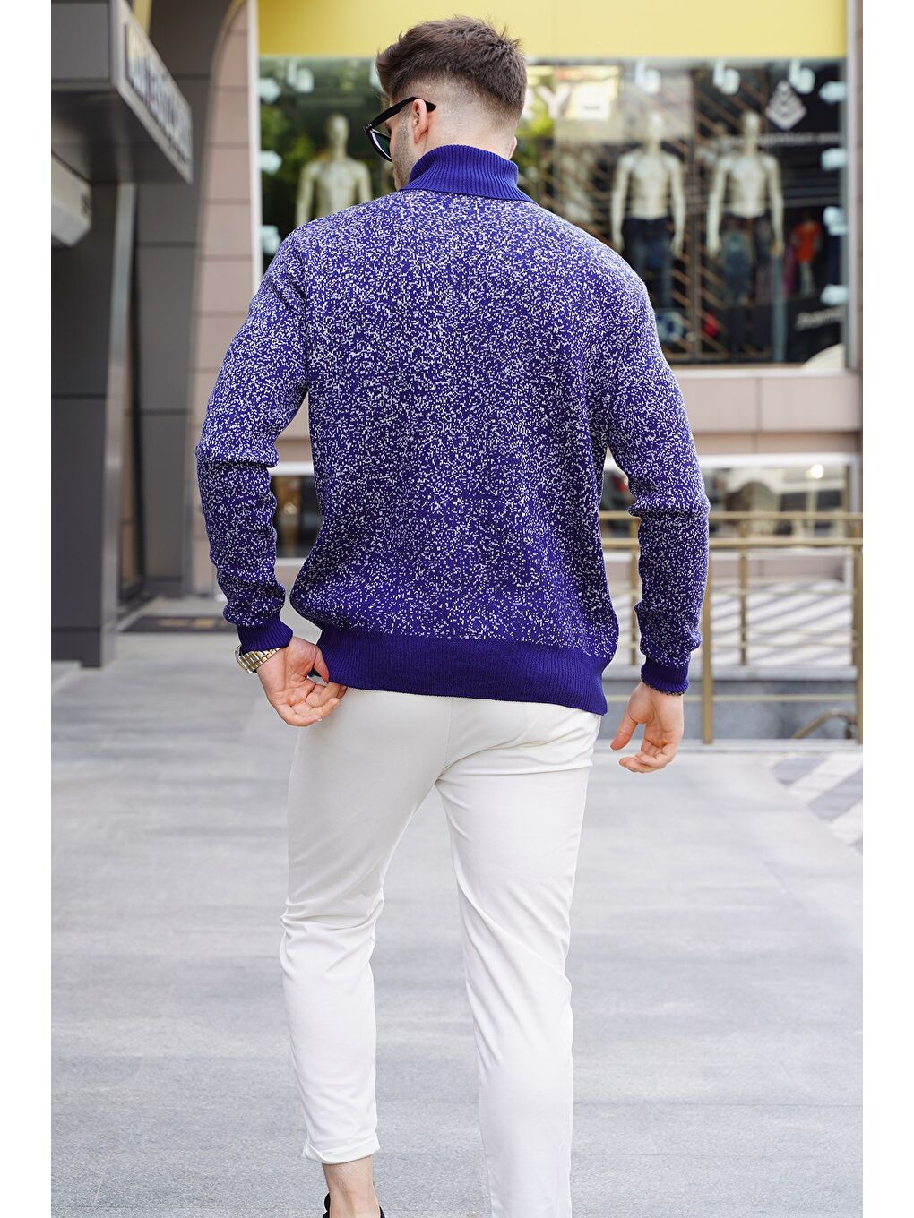 Açık Lacivert Desenli Balıkçı Yaka Triko Kazak 5765-1