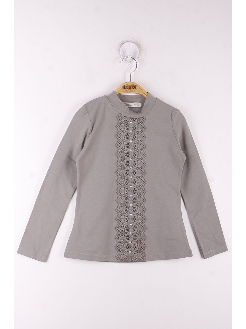 Gri Kız Çocuk Önü Dantelli İncili Okul Tişört