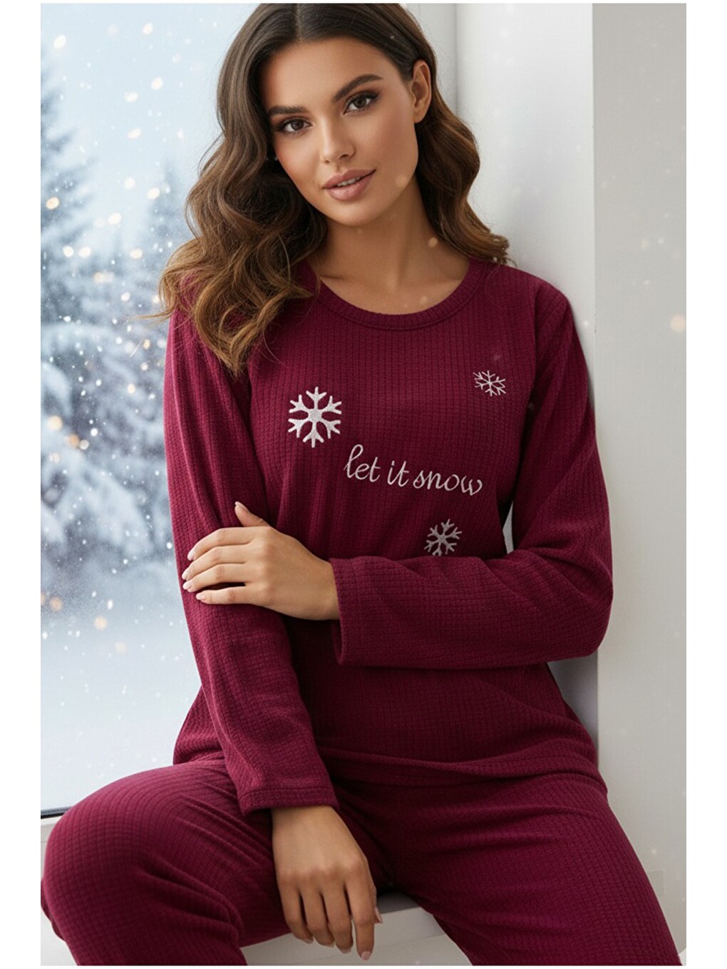 Bordo Kışlık Waffle Örme Kumaşlı Pijama Takım