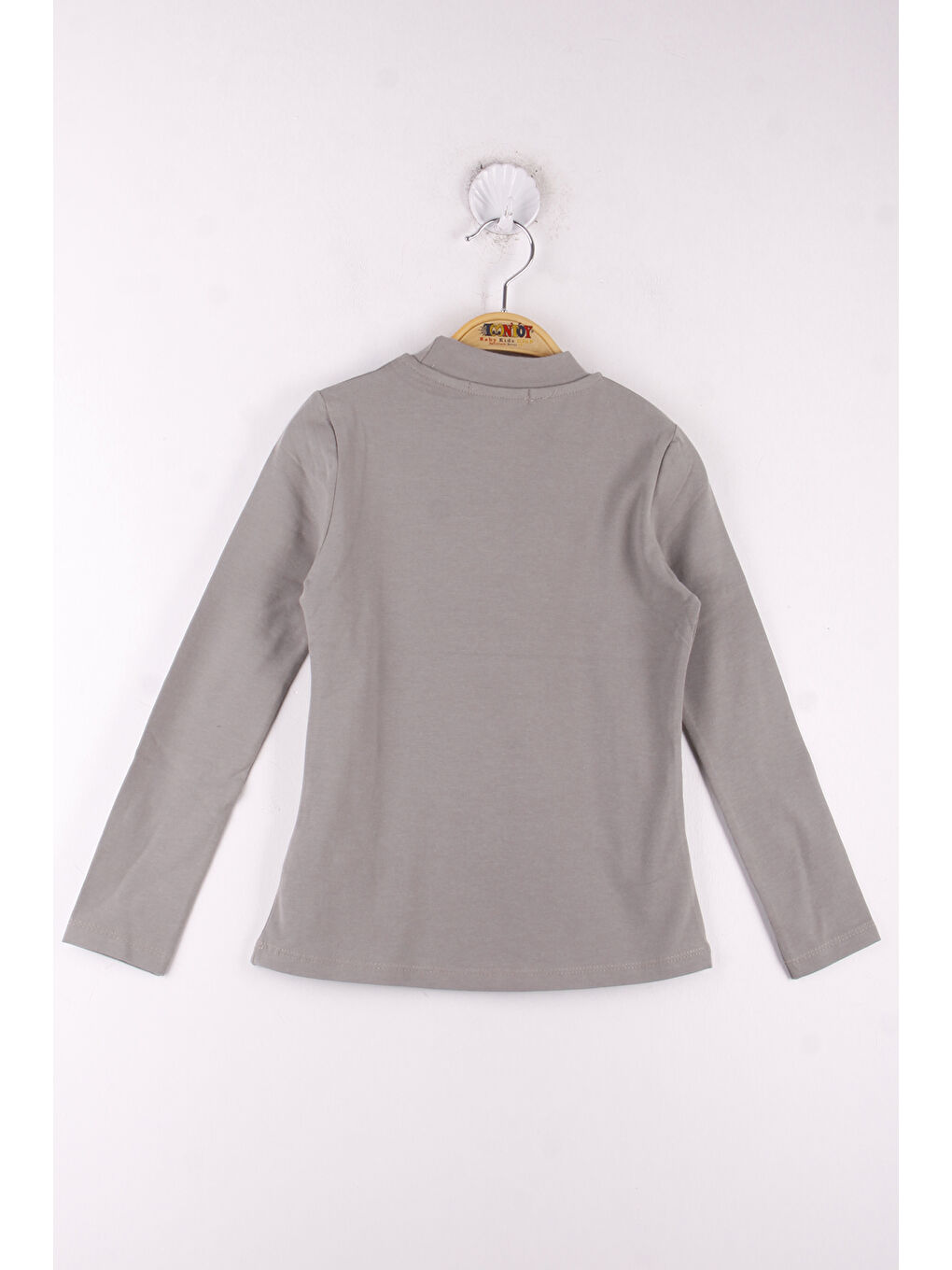 Gri Kız Çocuk Önü Dantelli İncili Okul Tişört-1