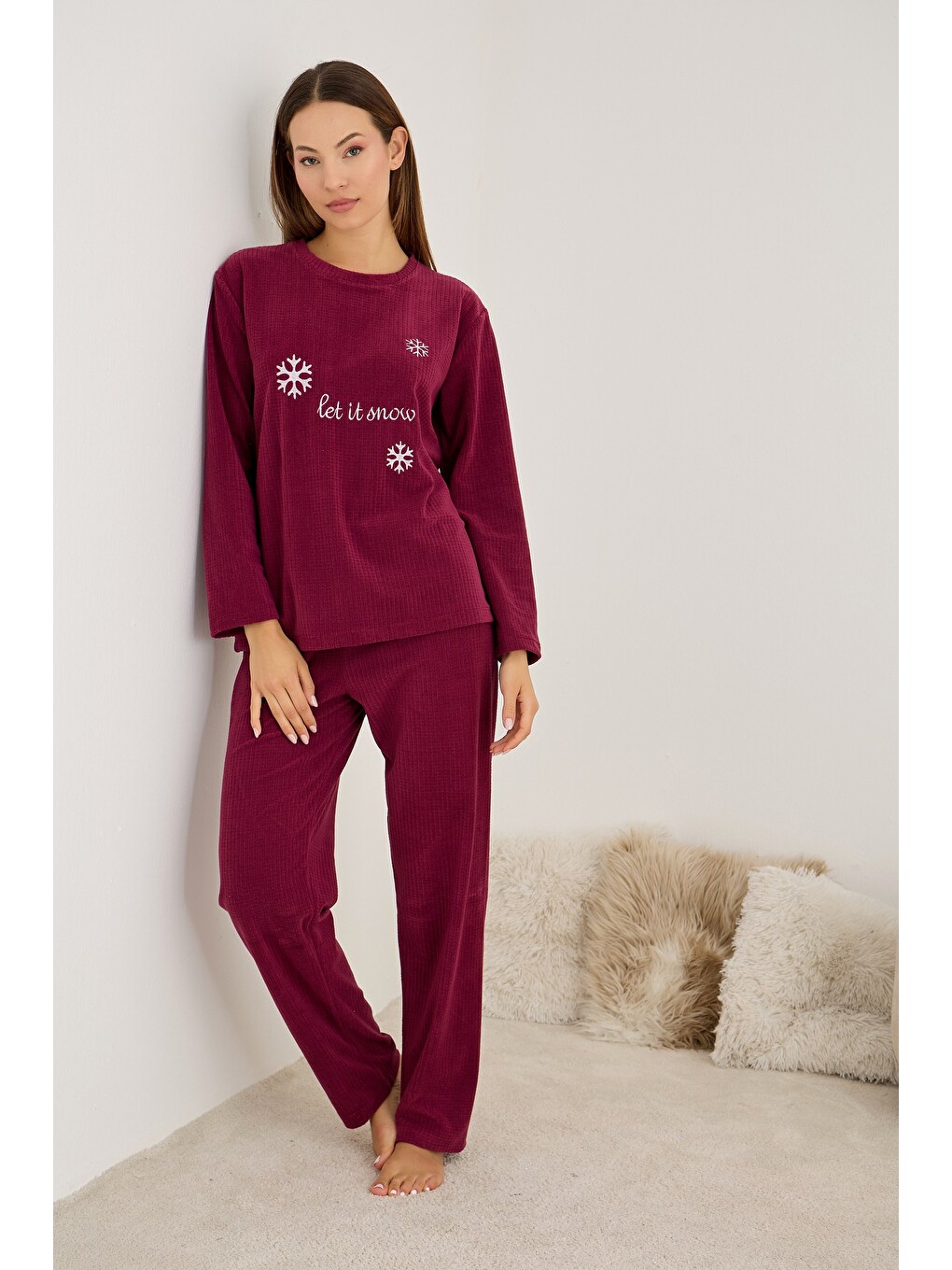 Bordo Kışlık Waffle Örme Kumaşlı Pijama Takım-1