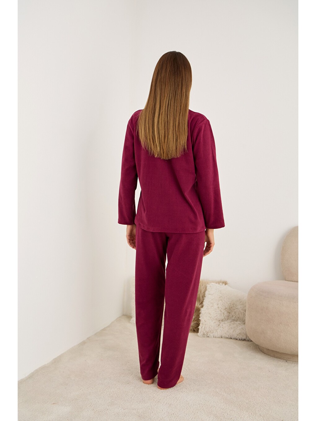 Bordo Kışlık Waffle Örme Kumaşlı Pijama Takım-2