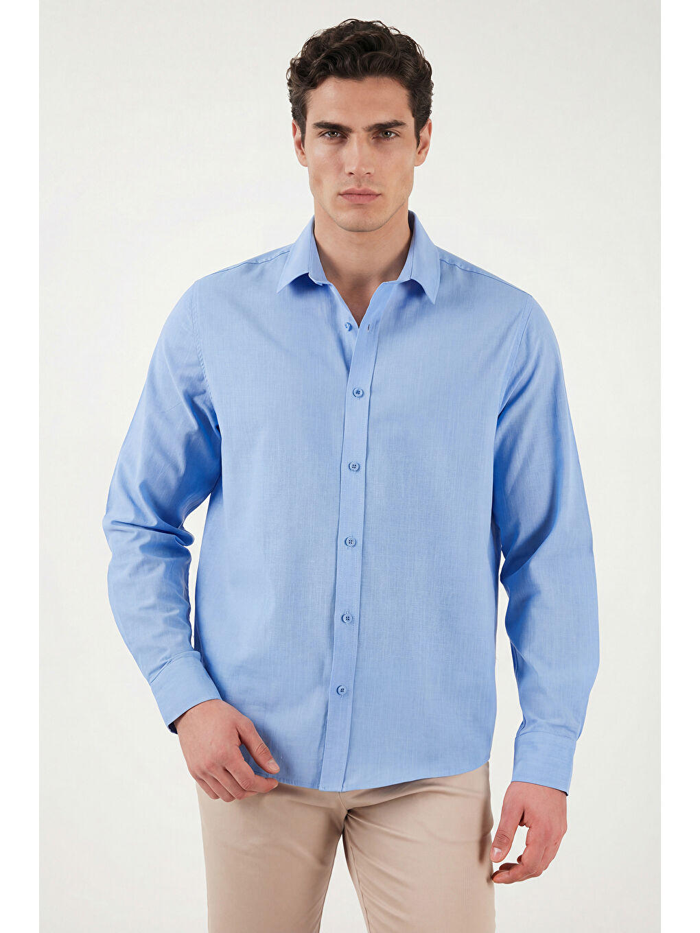 Mavi Pamuk ve Keten Karışımlı Regular Fit Klasik Yaka Uzun Kollu Gömlek CF26S1210134-2