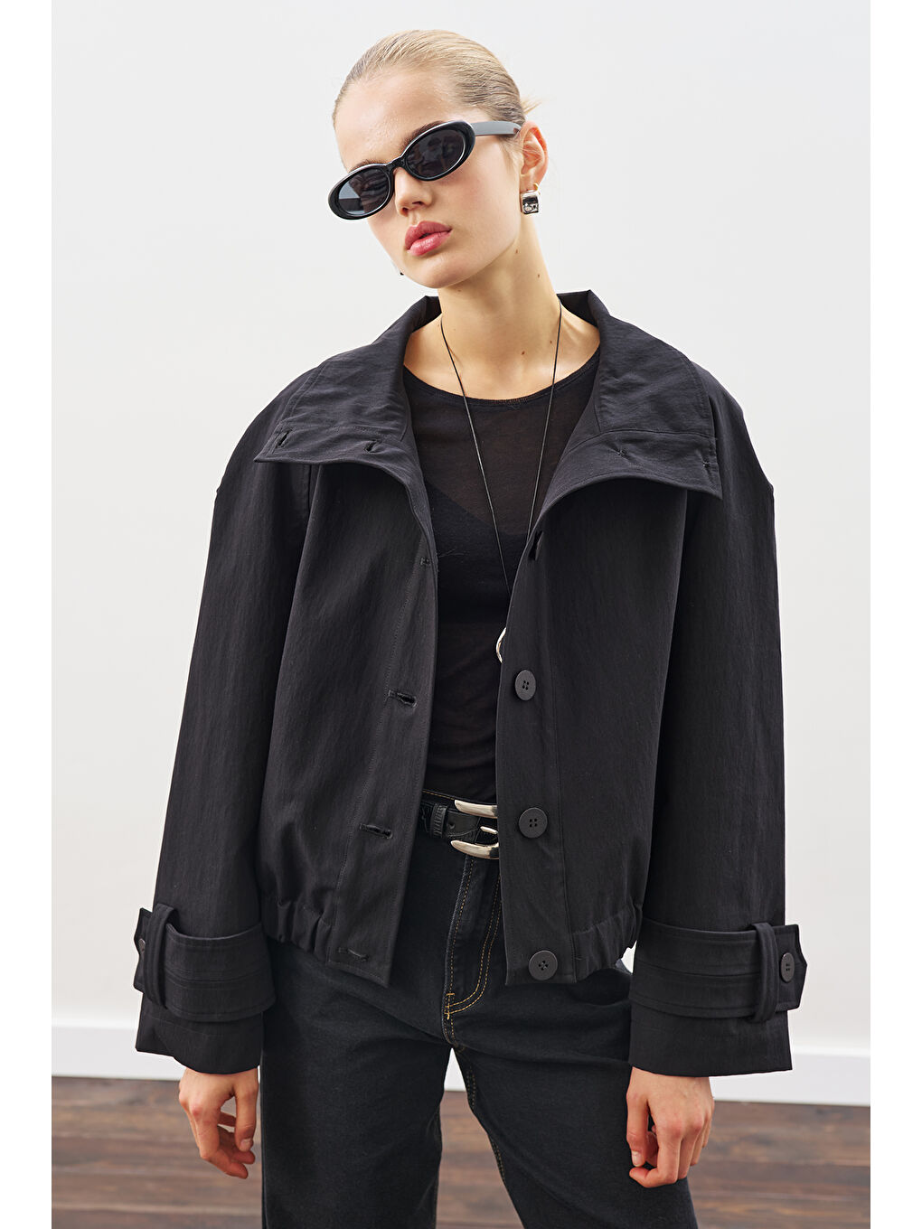 Trenç Tarz Bomber Ceket Siyah-2