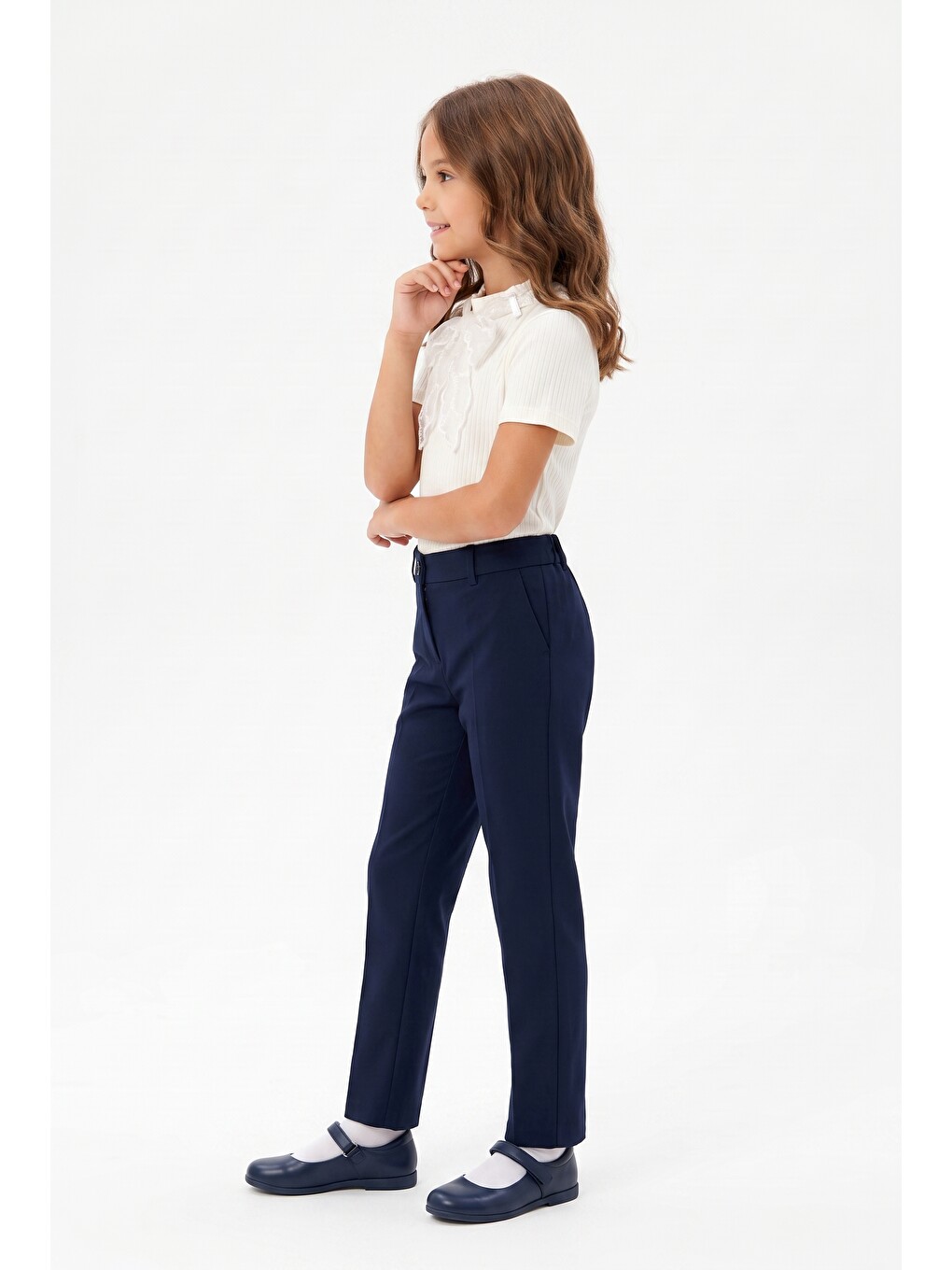 Ekru Kız Çocuk Dik Yaka Fularlı Kısa Kollu Pamuklu Basic Tişört & Fitilli Kumaş 25060-1