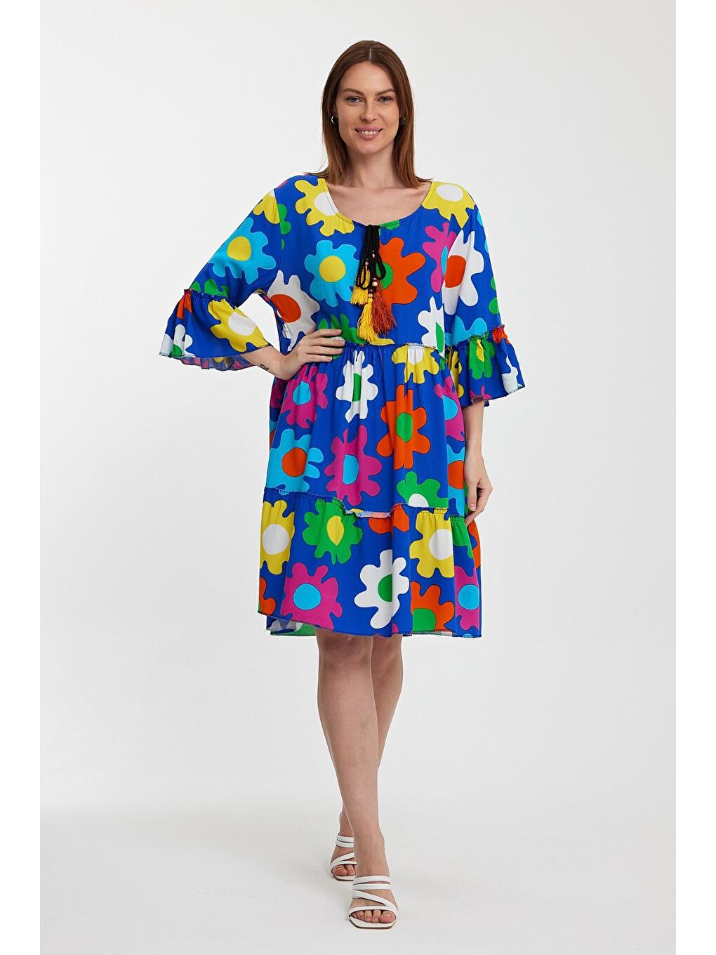 Mavi Kadın Püsküllü Standart Beden Desenli Elbise 5490