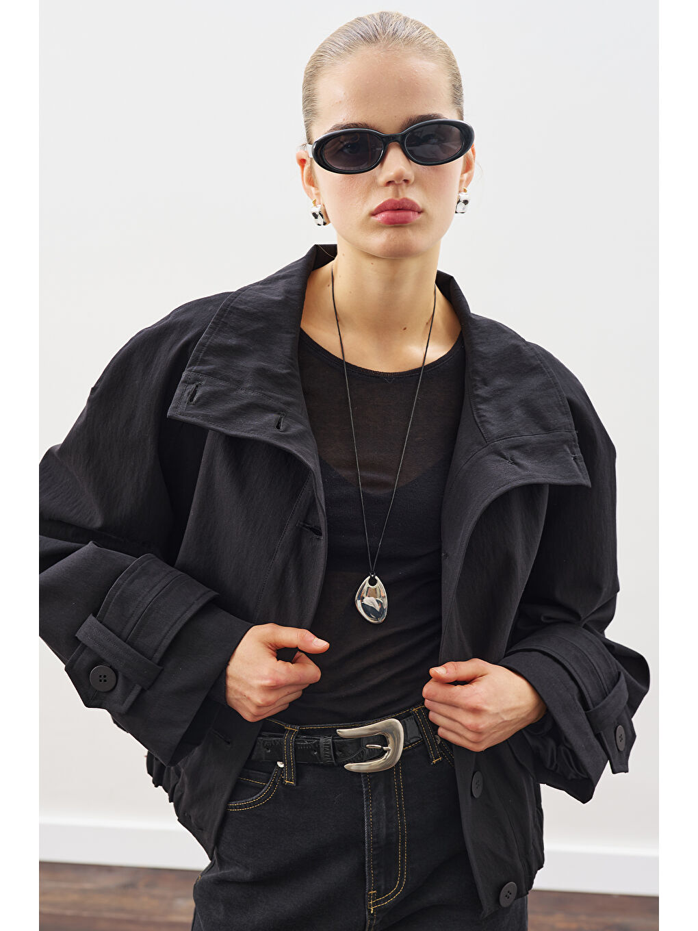 Trenç Tarz Bomber Ceket Siyah-4