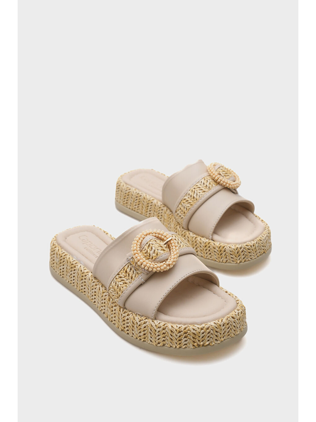 Bej Verla Hasır Tokalı Dolgu Topuklu Kadın Terlik-1