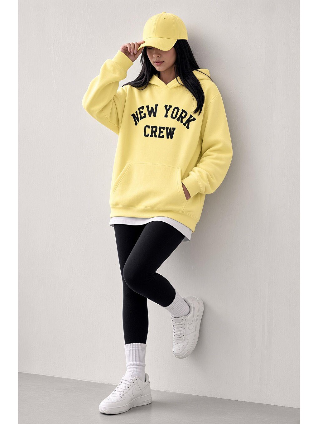 Sarı Sw Unisex Oversize "new York Crew" Baskılı Kapüşonlu Kanguru Cep Sweatshirt-1