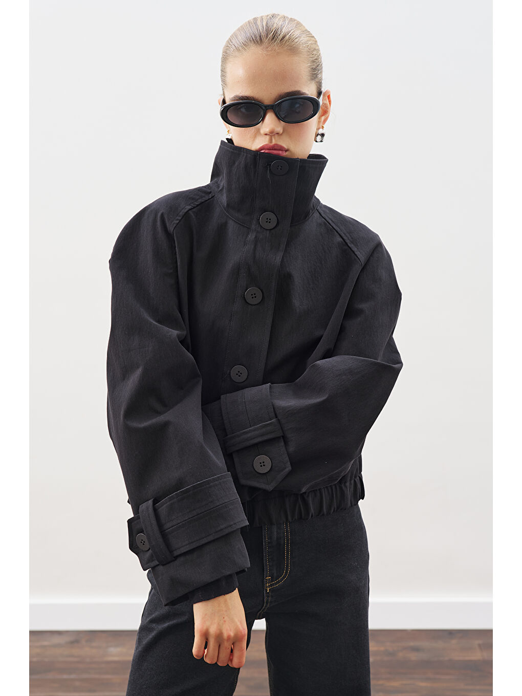 Trenç Tarz Bomber Ceket Siyah-5