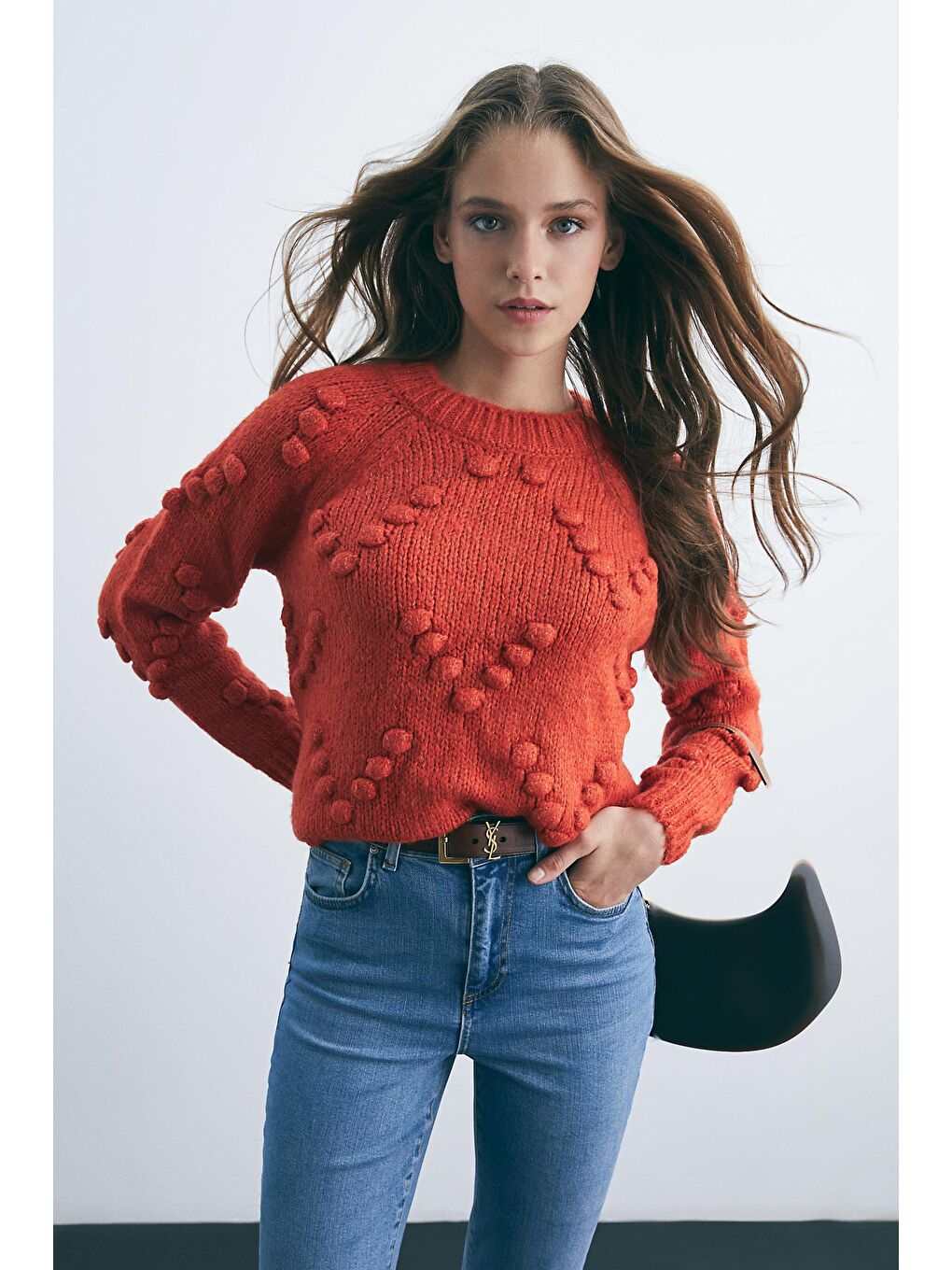 Turuncu Pon Pon Detaylı Kazak-5