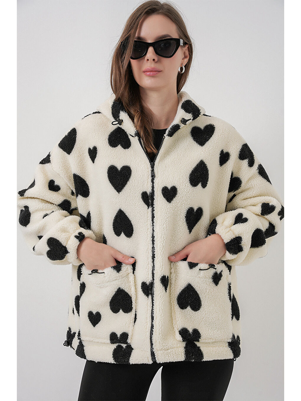 Kadın Kapüşonlu Pelüş Ceket 5236 - Ekru-1