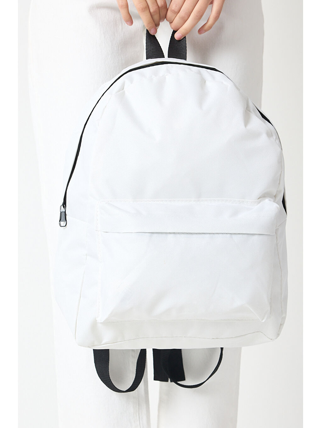 Unisex Beyaz Önü Fermuarlı İki Bölmeli Sırt Çantası-2