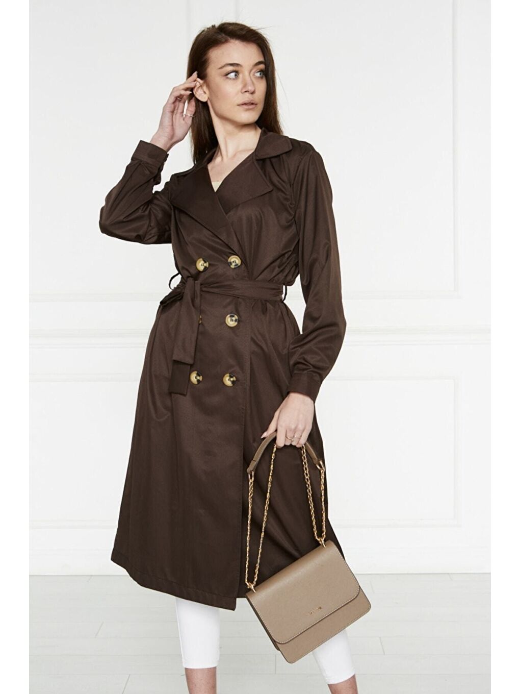 Kahverengi Astarsız Cepli Düğmeli Kuşaklı Yazlık Trenç-1