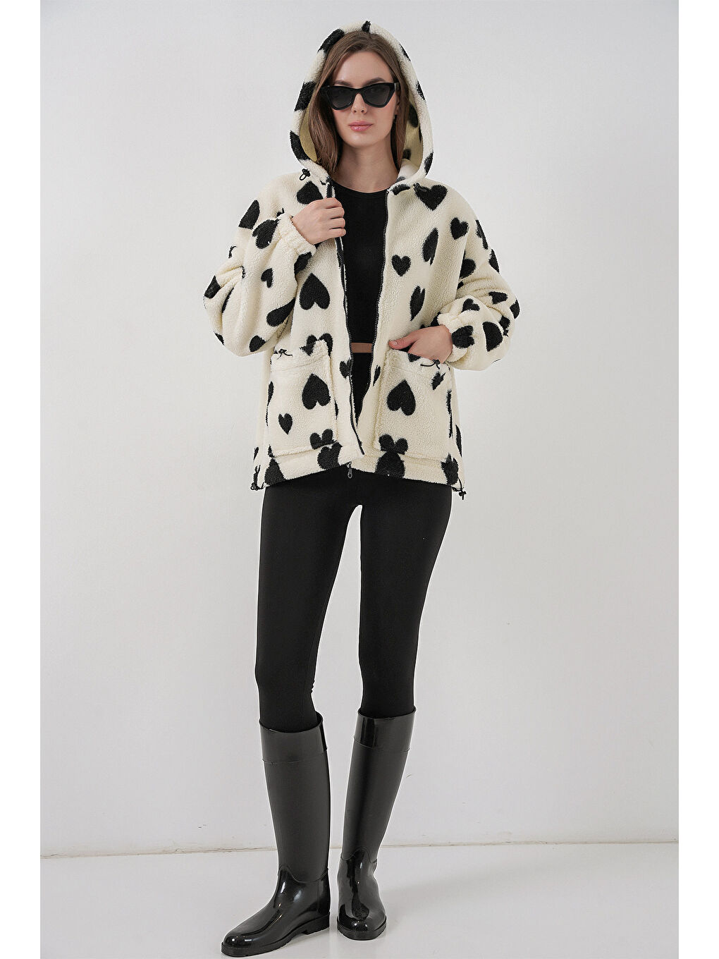 Kadın Kapüşonlu Pelüş Ceket 5236 - Ekru-2