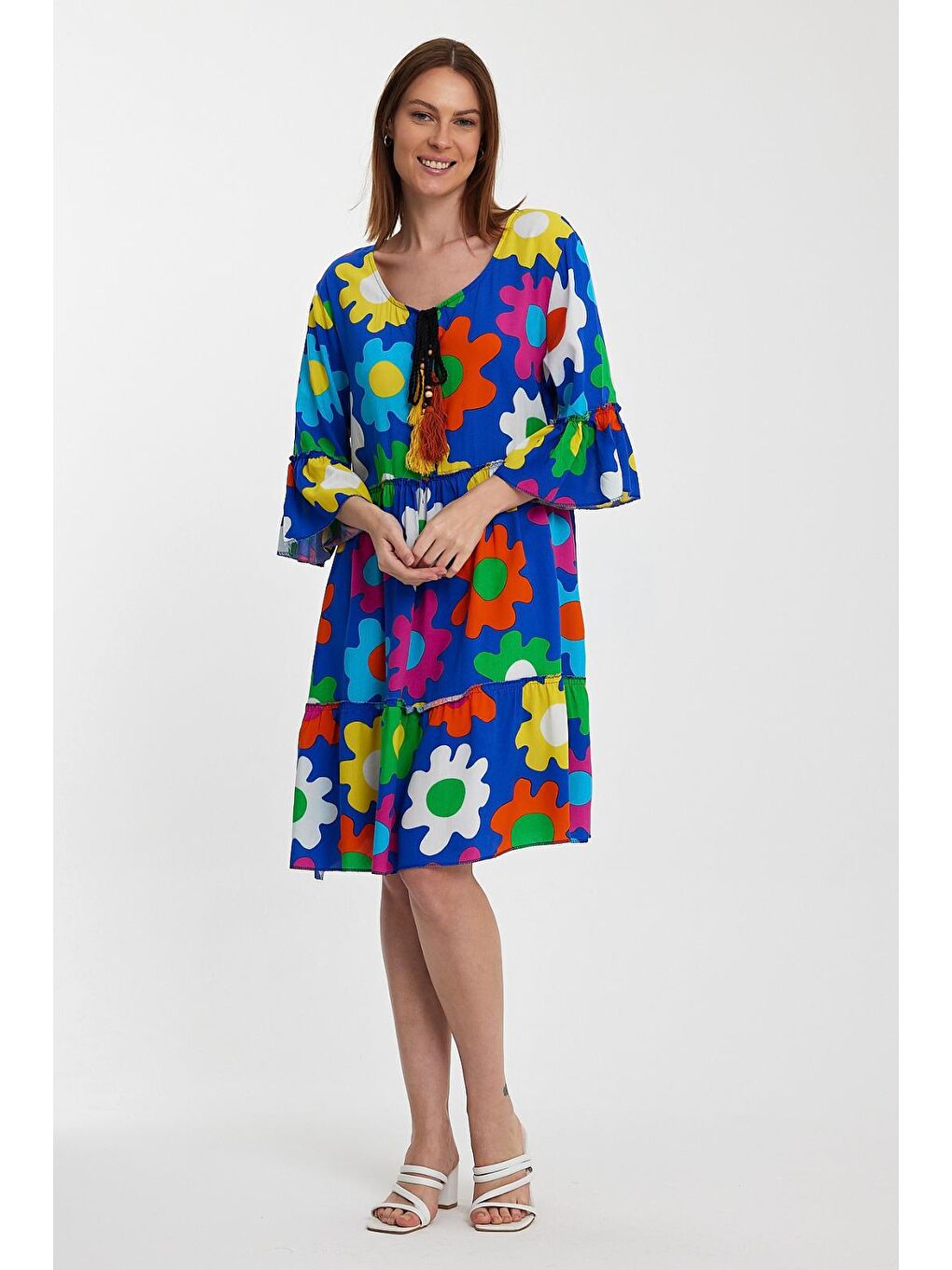 Mavi Kadın Püsküllü Standart Beden Desenli Elbise 5490-3