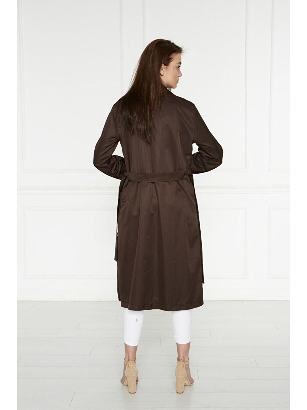 Kahverengi Astarsız Cepli Düğmeli Kuşaklı Yazlık Trenç-2