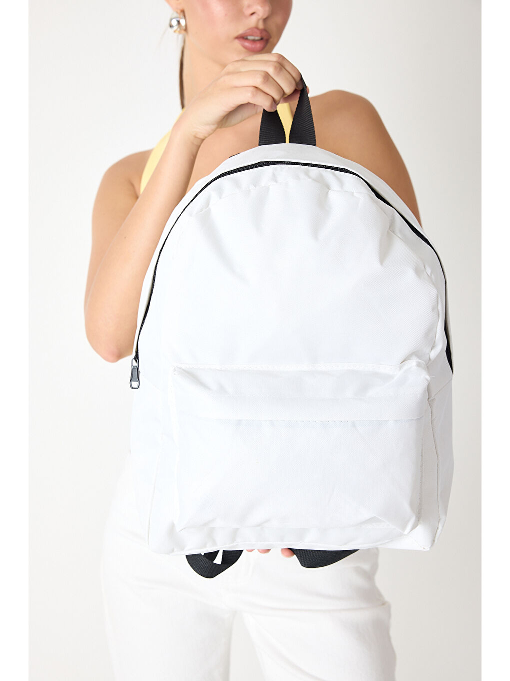 Unisex Beyaz Önü Fermuarlı İki Bölmeli Sırt Çantası-3