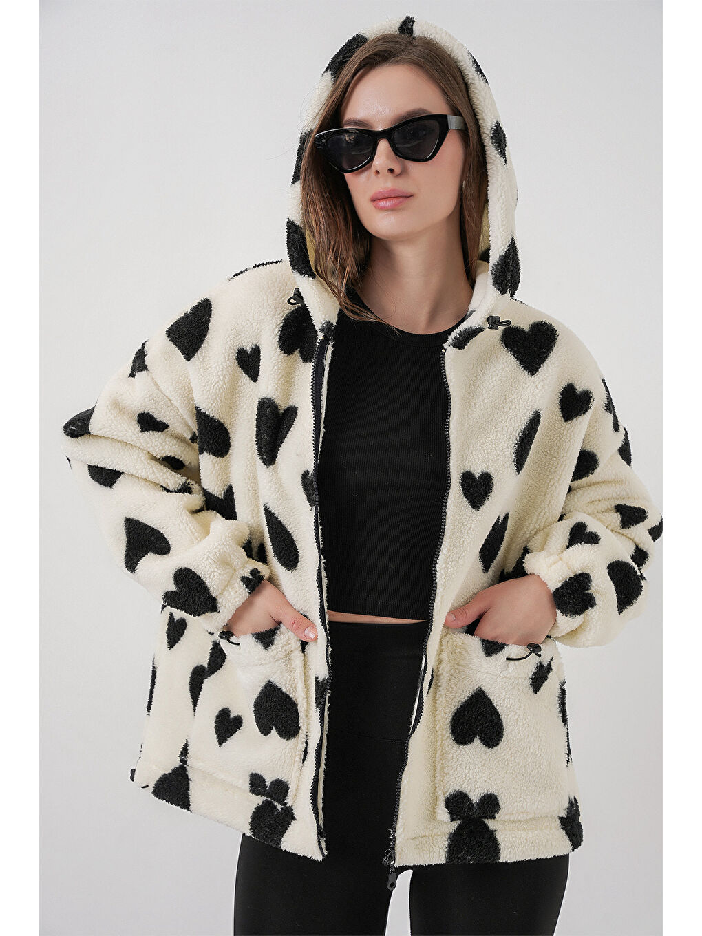 Kadın Kapüşonlu Pelüş Ceket 5236 - Ekru-3