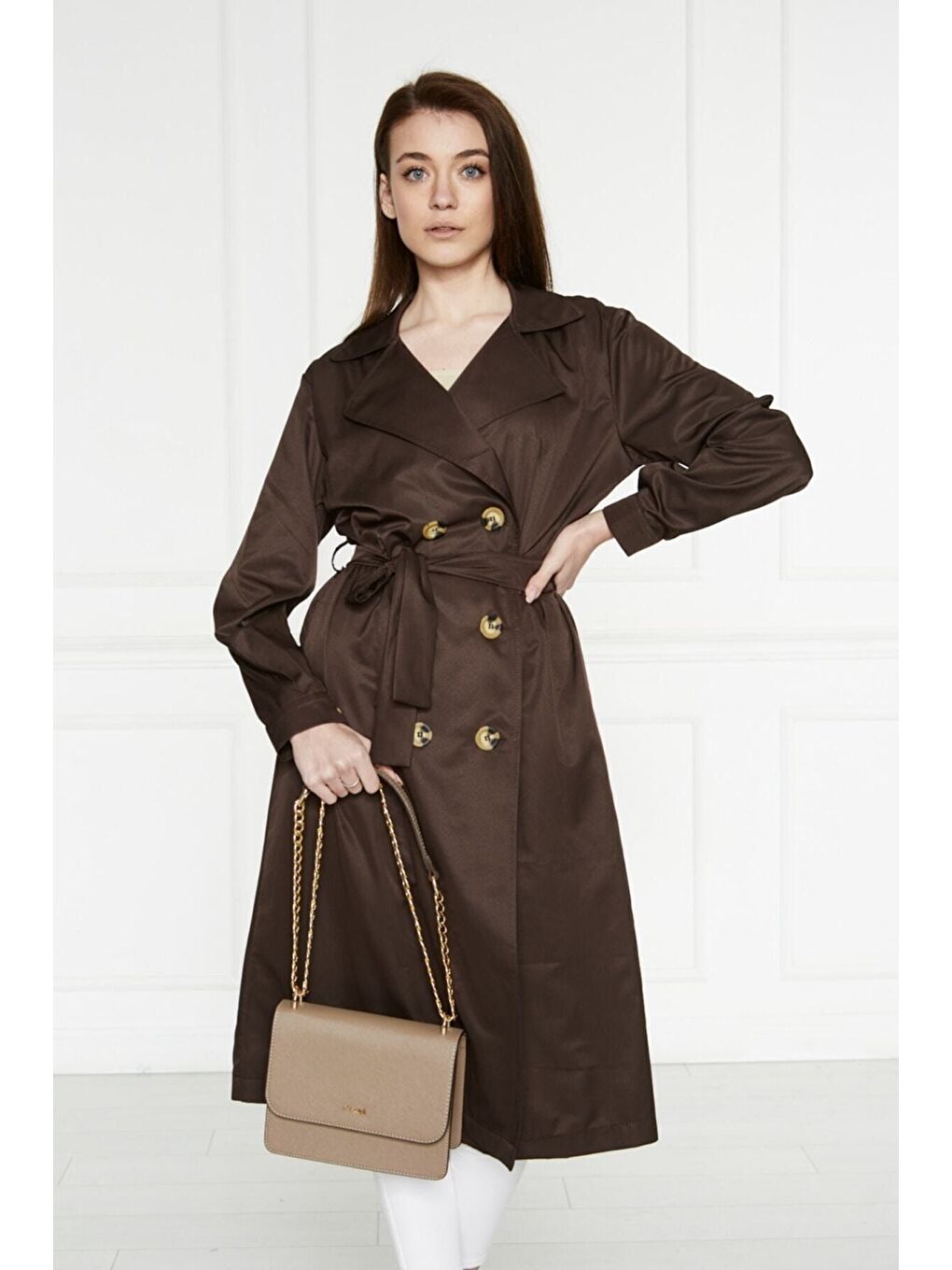 Kahverengi Astarsız Cepli Düğmeli Kuşaklı Yazlık Trenç-3