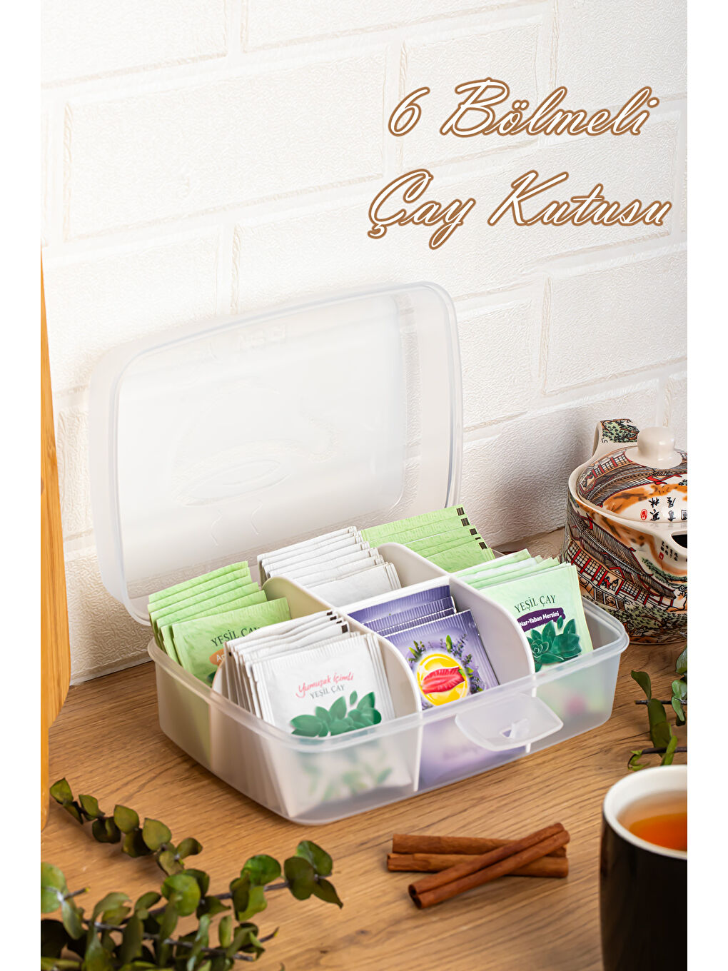 1178-1 Premium 6 Bölmeli Poşet Çay Kutusu Sallama Çay Kutusu Beyaz