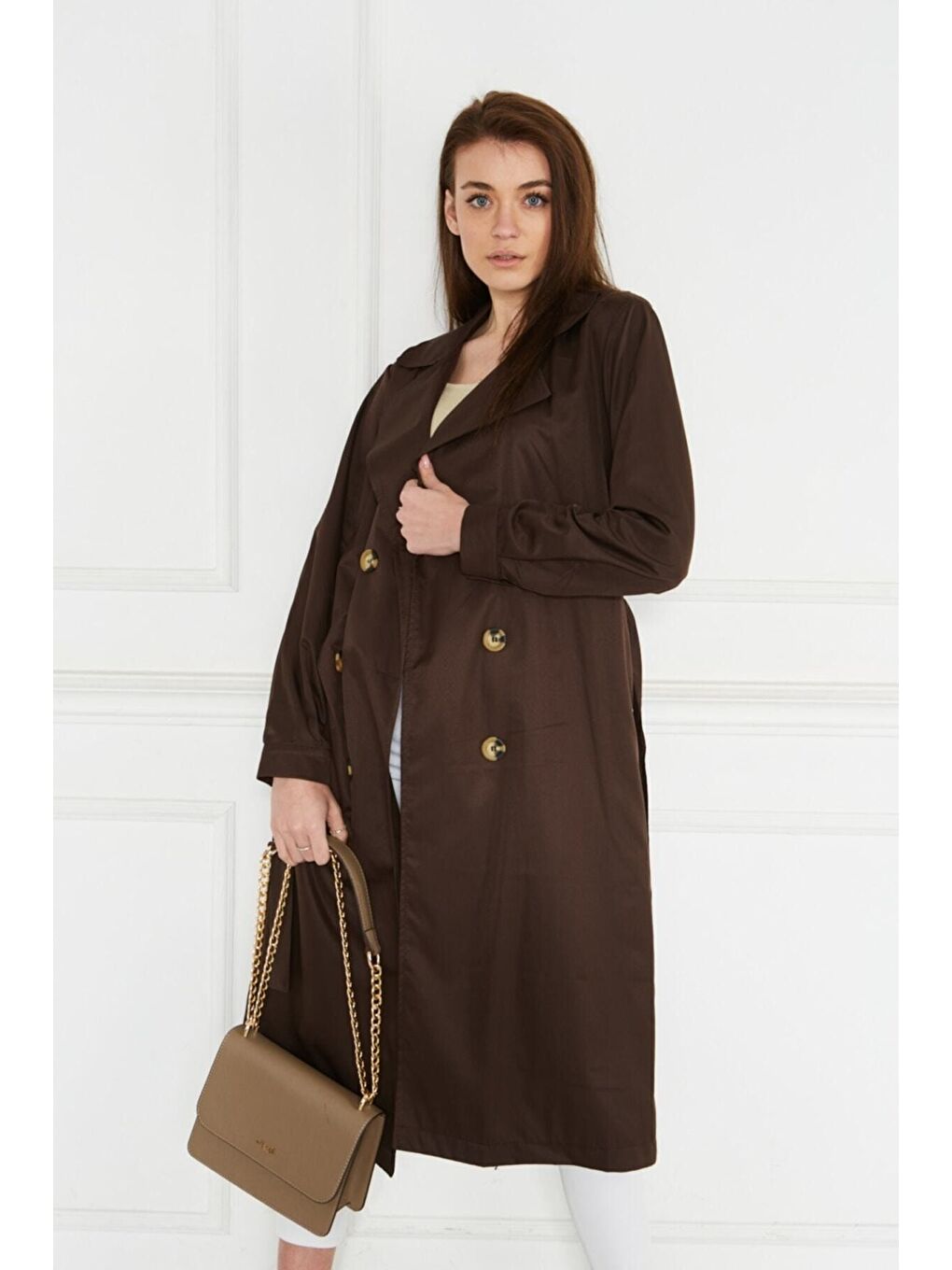 Kahverengi Astarsız Cepli Düğmeli Kuşaklı Yazlık Trenç-4