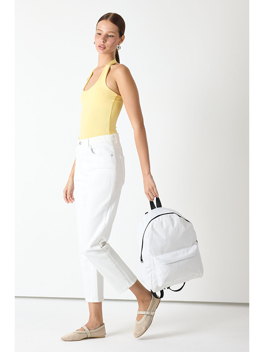 Unisex Beyaz Önü Fermuarlı İki Bölmeli Sırt Çantası-4