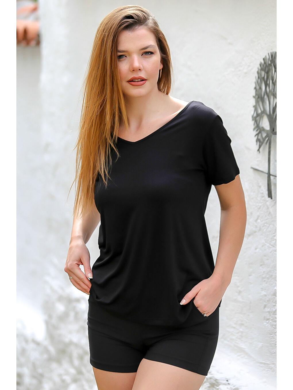 Siyah V Yaka Düşük Kol Zincir Detaylı Örme Casual Bluz-4