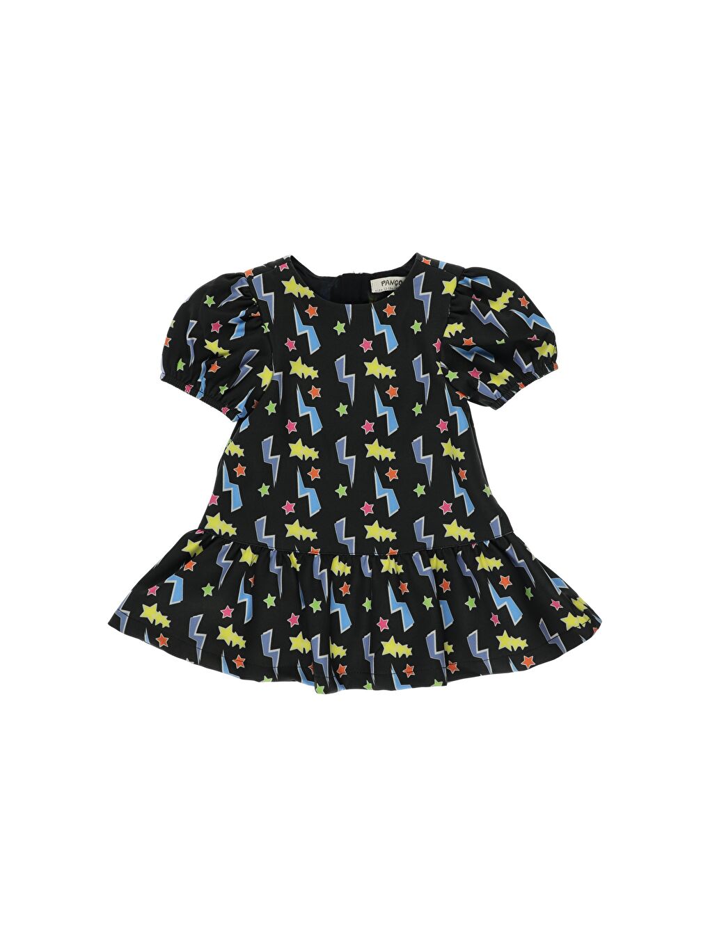 Siyah Kız Çocuk Karpuz Kollu Renkli Baskılı Elbise