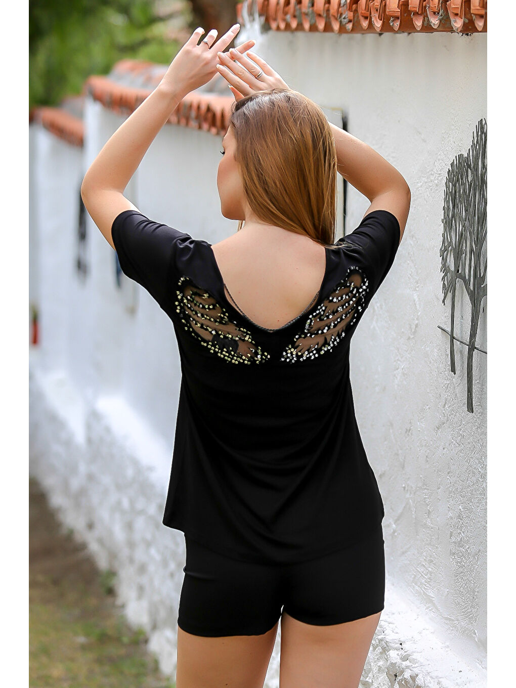 Siyah V Yaka Düşük Kol Zincir Detaylı Örme Casual Bluz-7