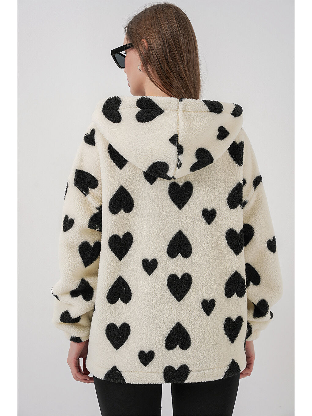 Kadın Kapüşonlu Pelüş Ceket 5236 - Ekru-5