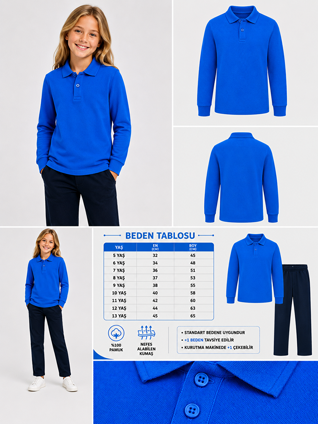 Mavi Kids Polo Yaka Basic Uzun Kollu Unisex Kız Çocuk Tişört-1