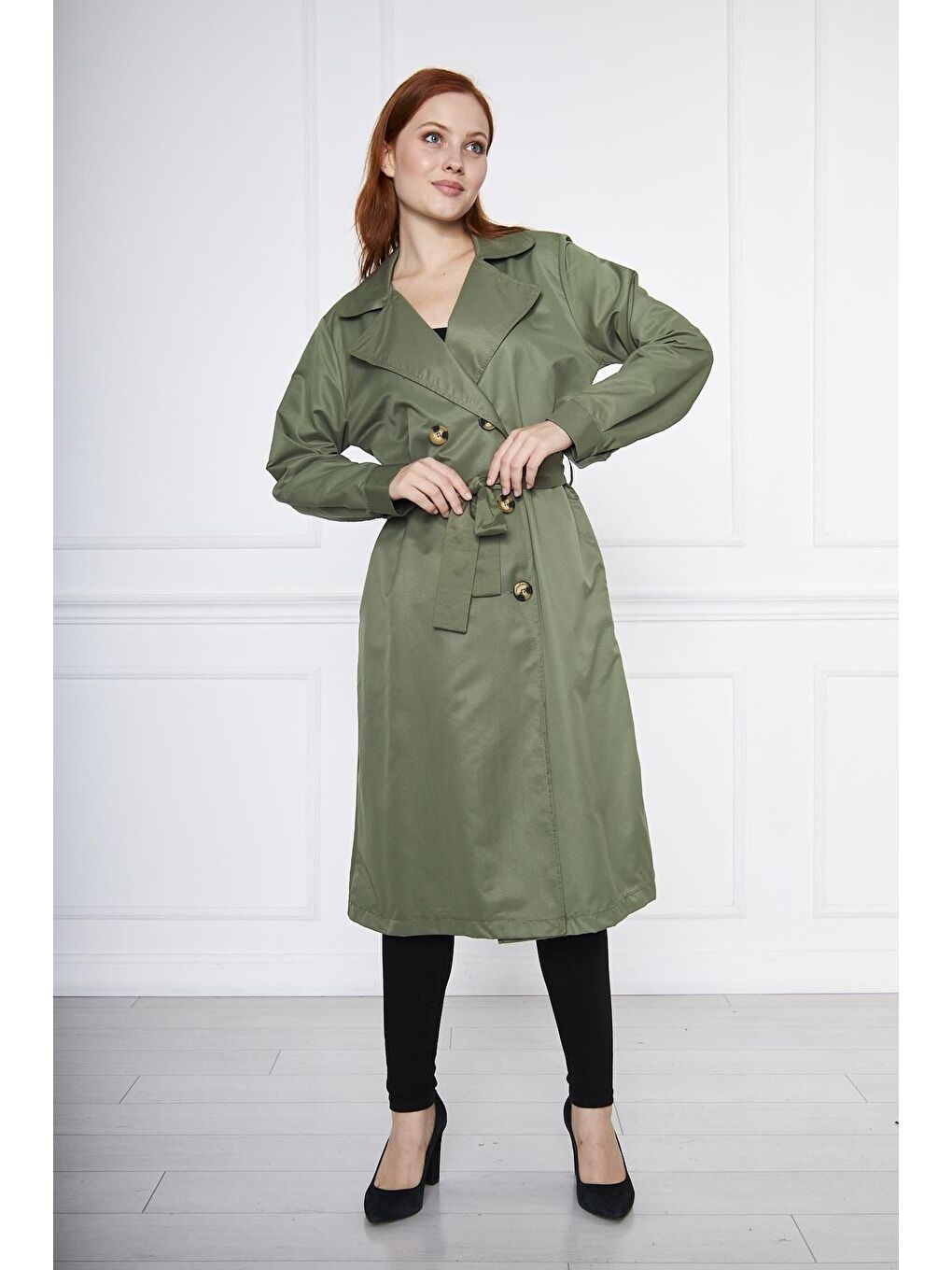 Yeşil Astarsız Cepli Düğmeli Kuşaklı Yazlık Trenç-1