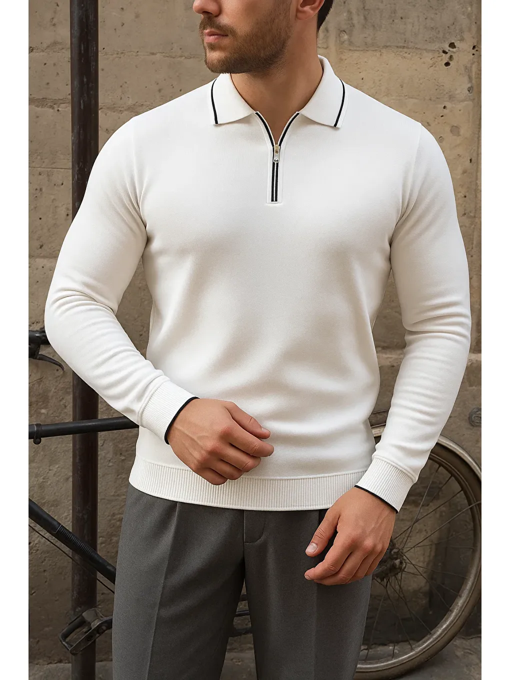 Erkek Günlük Çizgili Trend Beyaz Polo Yaka Kazak-1