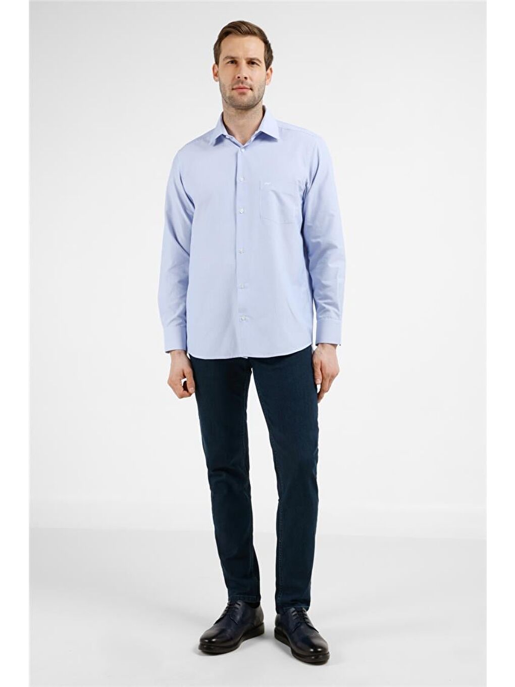 Mavi - Beyaz Çizgili Desen Sert Yaka Uzun Kol Cepli Comfort Fit Pamuklu Gömlek 1004255280-1