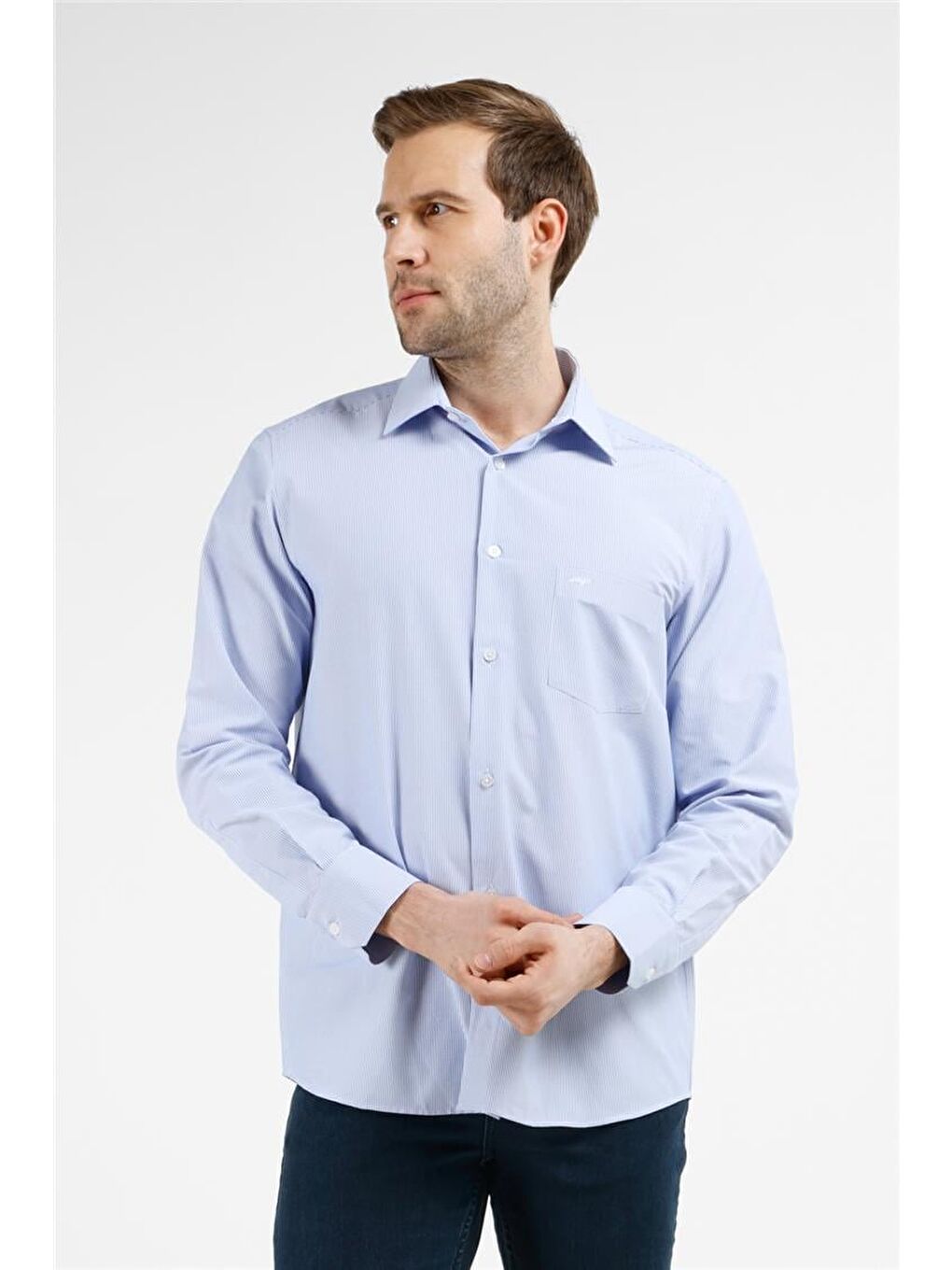 Mavi - Beyaz Çizgili Desen Sert Yaka Uzun Kol Cepli Comfort Fit Pamuklu Gömlek 1004255280-2