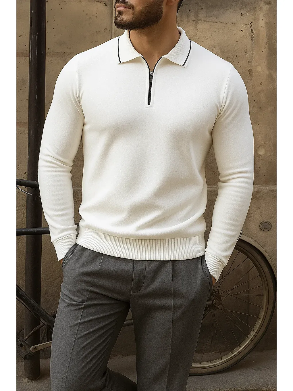 Erkek Günlük Çizgili Trend Beyaz Polo Yaka Kazak-2