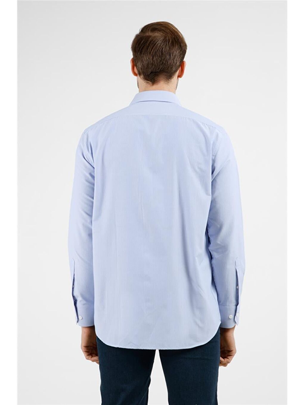 Mavi - Beyaz Çizgili Desen Sert Yaka Uzun Kol Cepli Comfort Fit Pamuklu Gömlek 1004255280-4