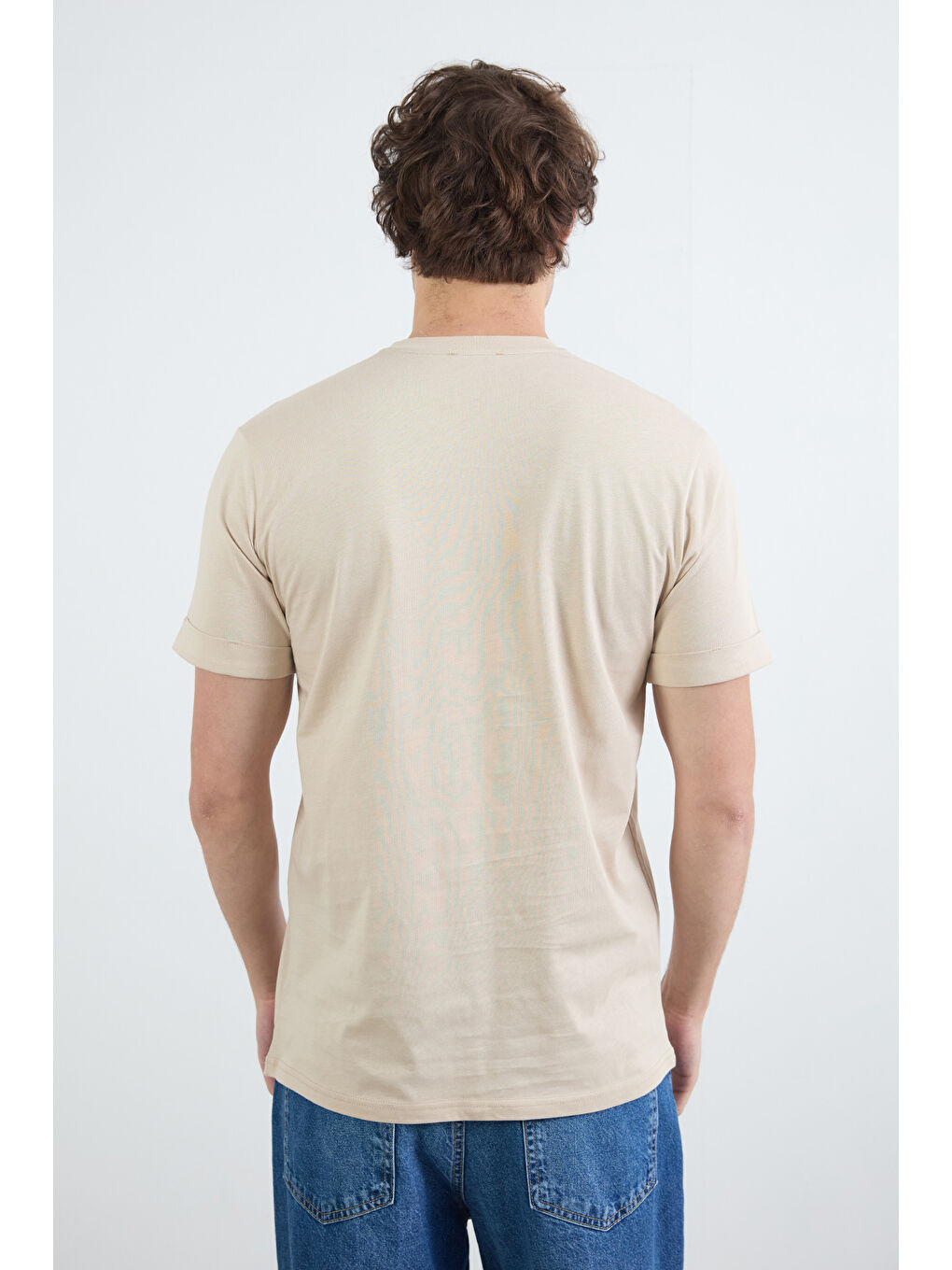 Bej Astronot Baskılı Bisiklet Yaka Tişört-3