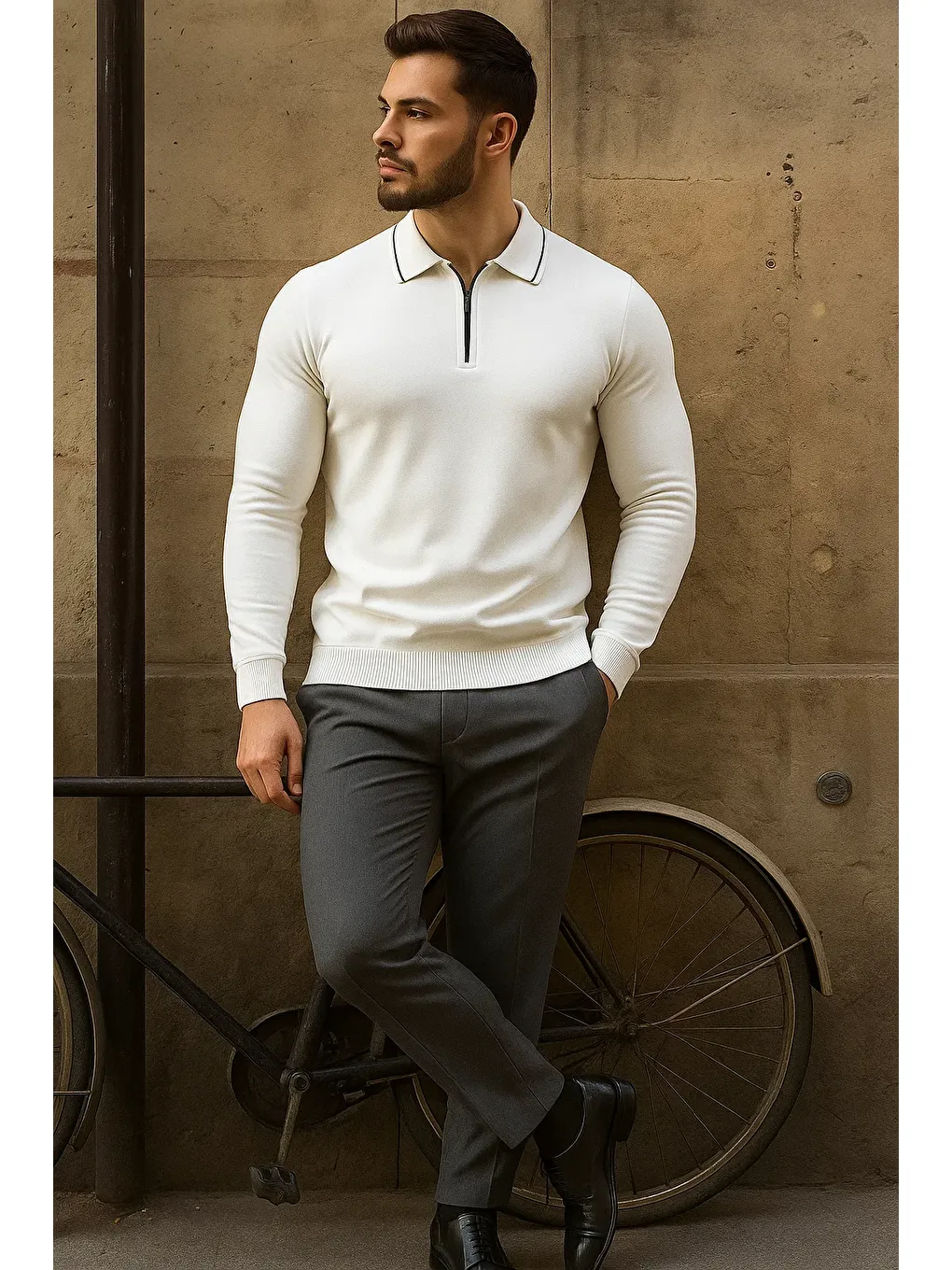 Erkek Günlük Çizgili Trend Beyaz Polo Yaka Kazak-3