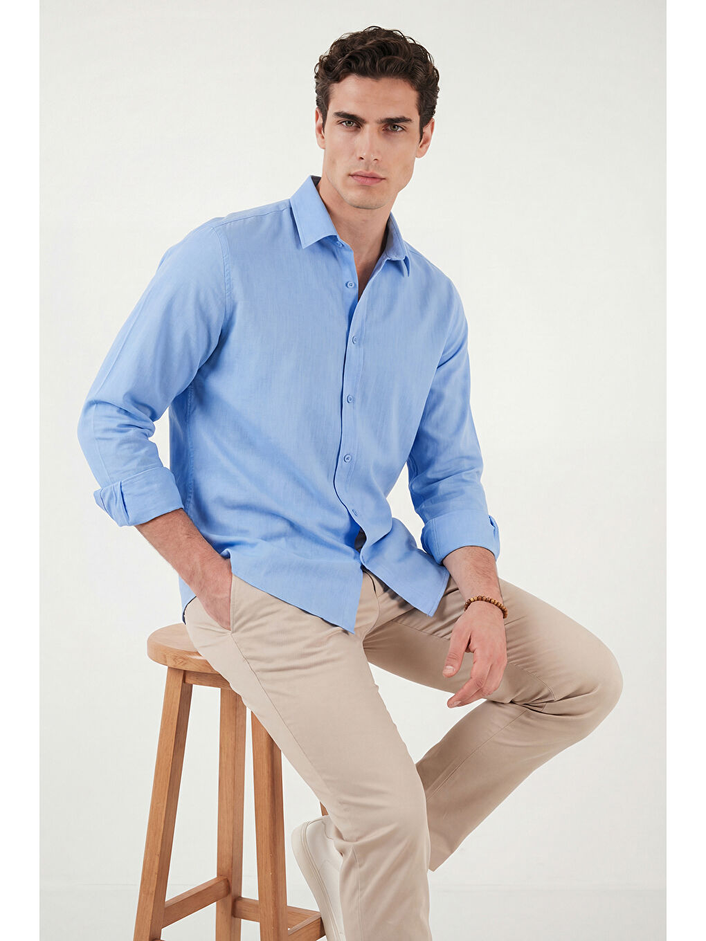 Mavi Pamuk ve Keten Karışımlı Regular Fit Klasik Yaka Uzun Kollu Gömlek CF26S1210134-5