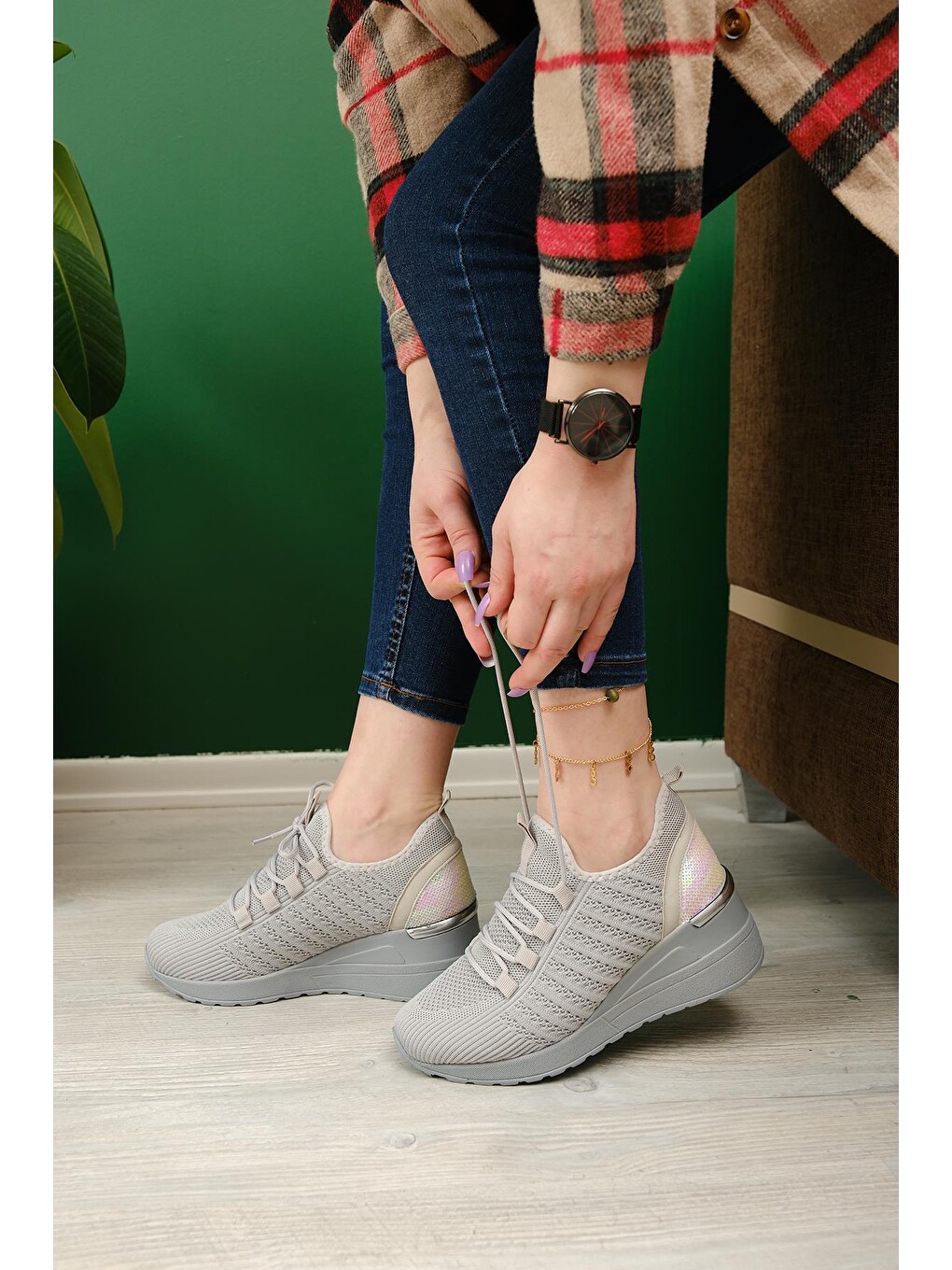 Gri Delisle Fileli Kalın Topuklu Kadın Sneaker-1