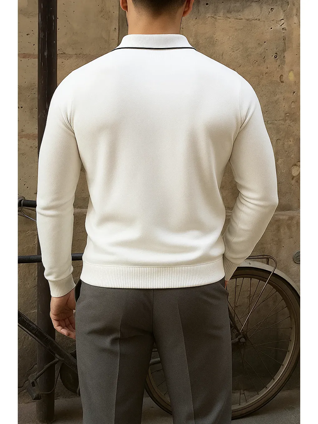 Erkek Günlük Çizgili Trend Beyaz Polo Yaka Kazak-4