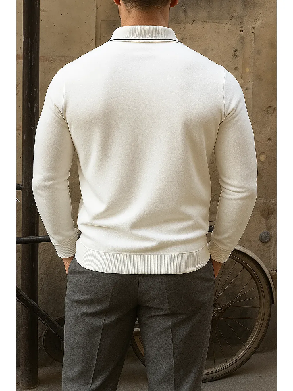 Erkek Günlük Çizgili Trend Beyaz Polo Yaka Kazak-5