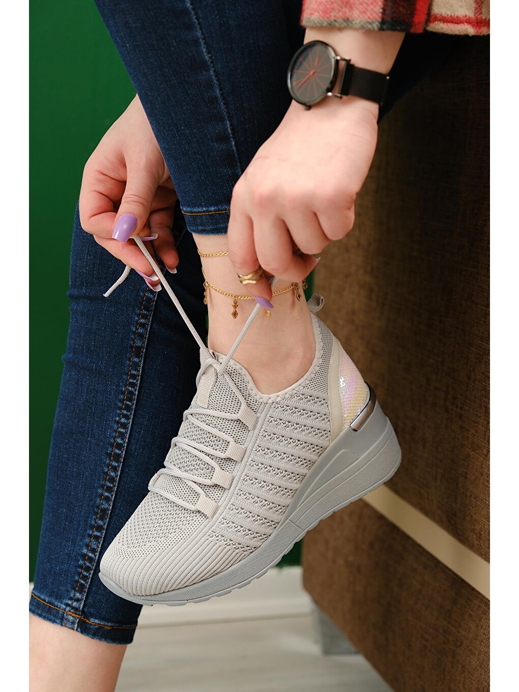 Gri Delisle Fileli Kalın Topuklu Kadın Sneaker-2