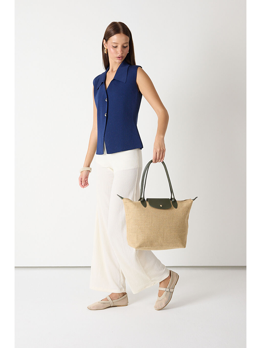 Kadın Haki Orta Boy Askılı Hasır El ve Omuz Çantası-1