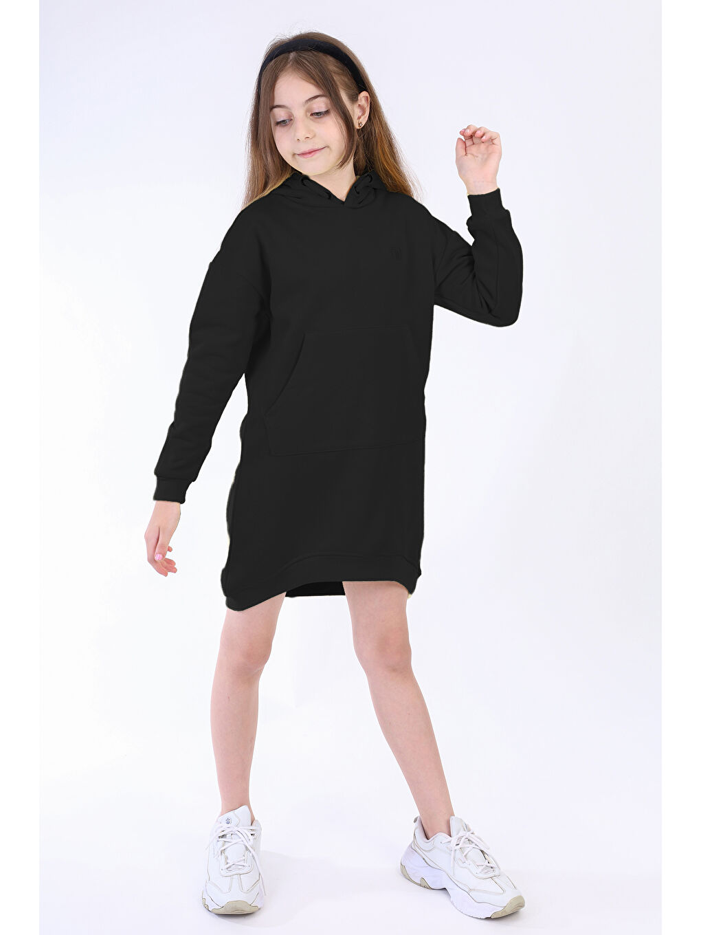 Siyah Kız Çocuk Kapüşonlu Cepli Elbise