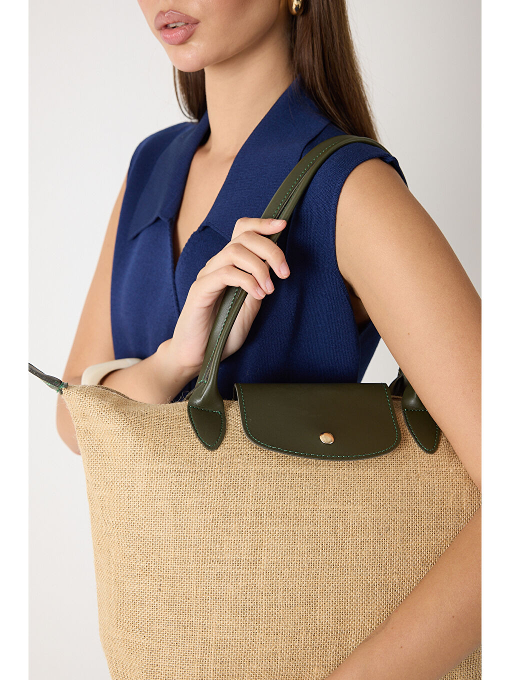 Kadın Haki Orta Boy Askılı Hasır El ve Omuz Çantası-2