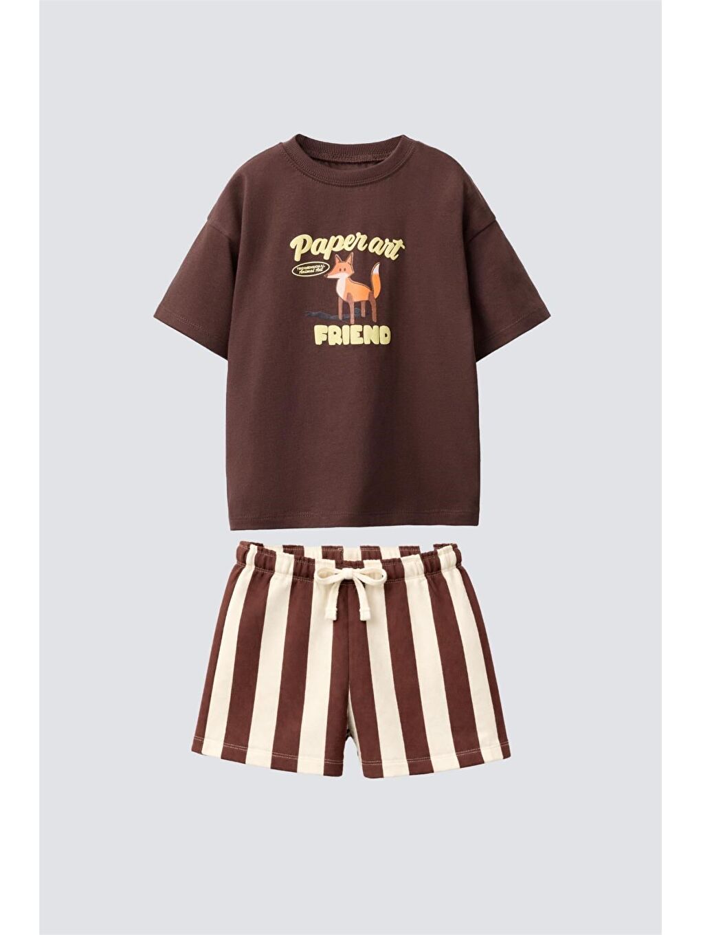 Karışık Unisex Çocuk Pamuklu Kahverengi Tilki Baskılı T-Shirt Şort Takım-1